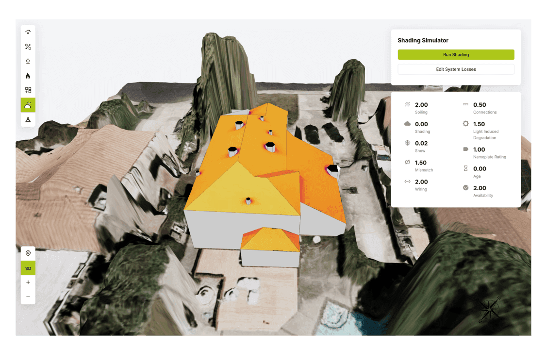 Aerialytic shading simulator on a 3D model of a home, with system loss settings