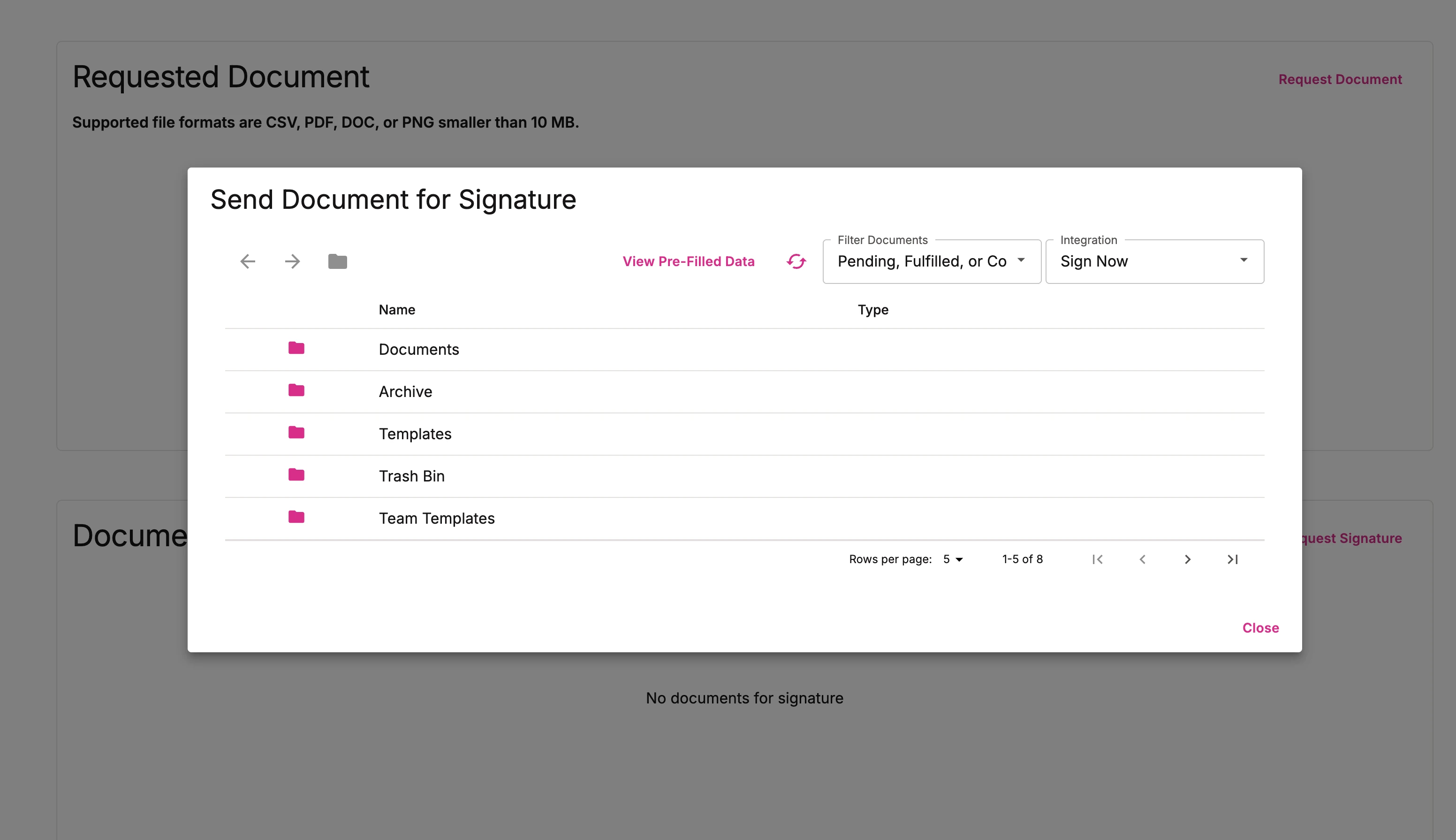 Send Document for Signature dialog with document folders and an e-signature integration